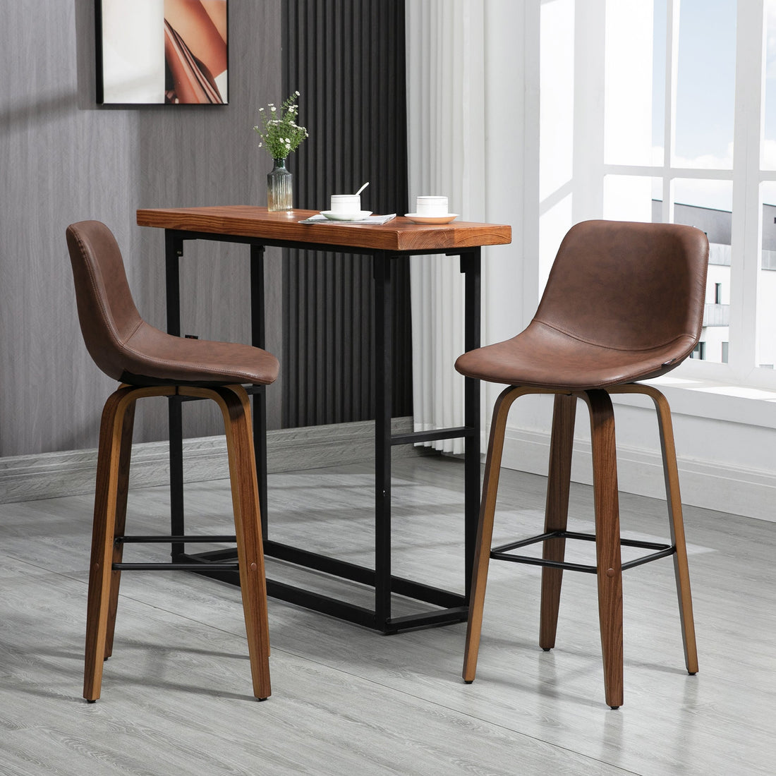 Bar Stools Set of 2, Breakfast Bar Chairs, PU Leather Upholstered Kitchen Stools with Backs and Wood Legs, Brown