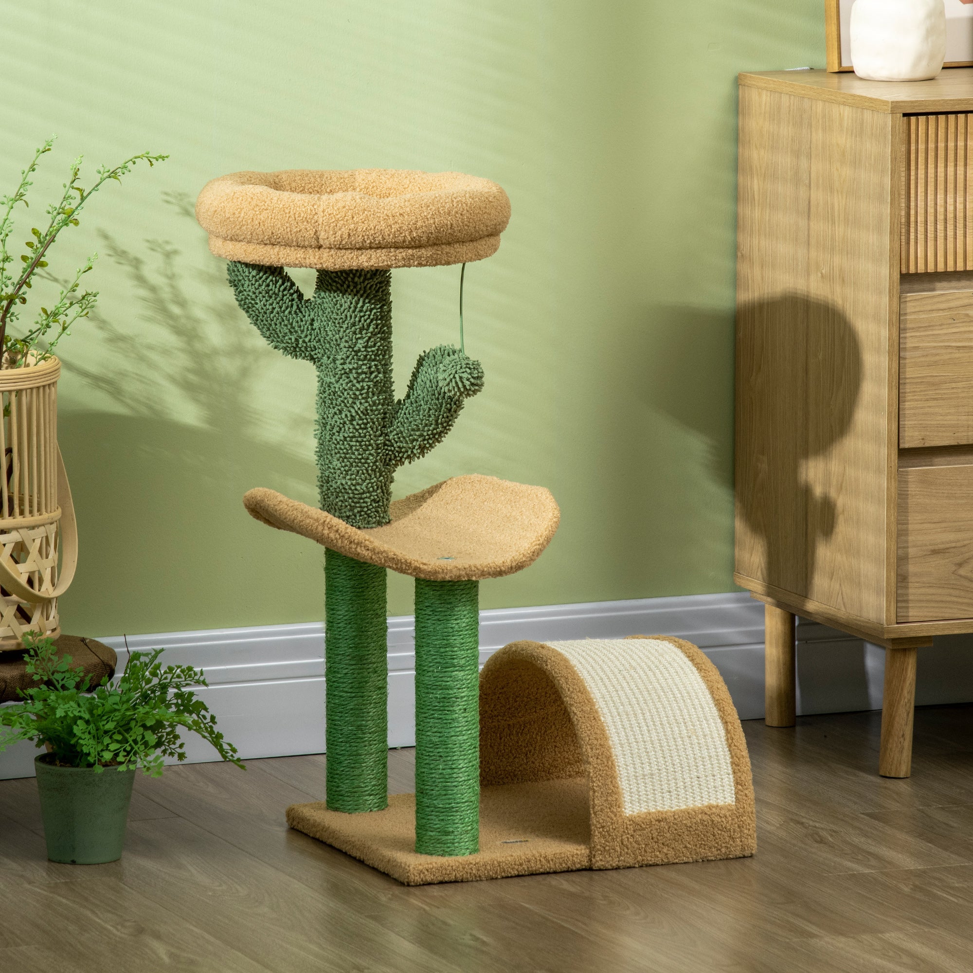 72cm Cat Tree, with Top Bed, Curved Pad, Sisal Scratching Post - Beige & Green