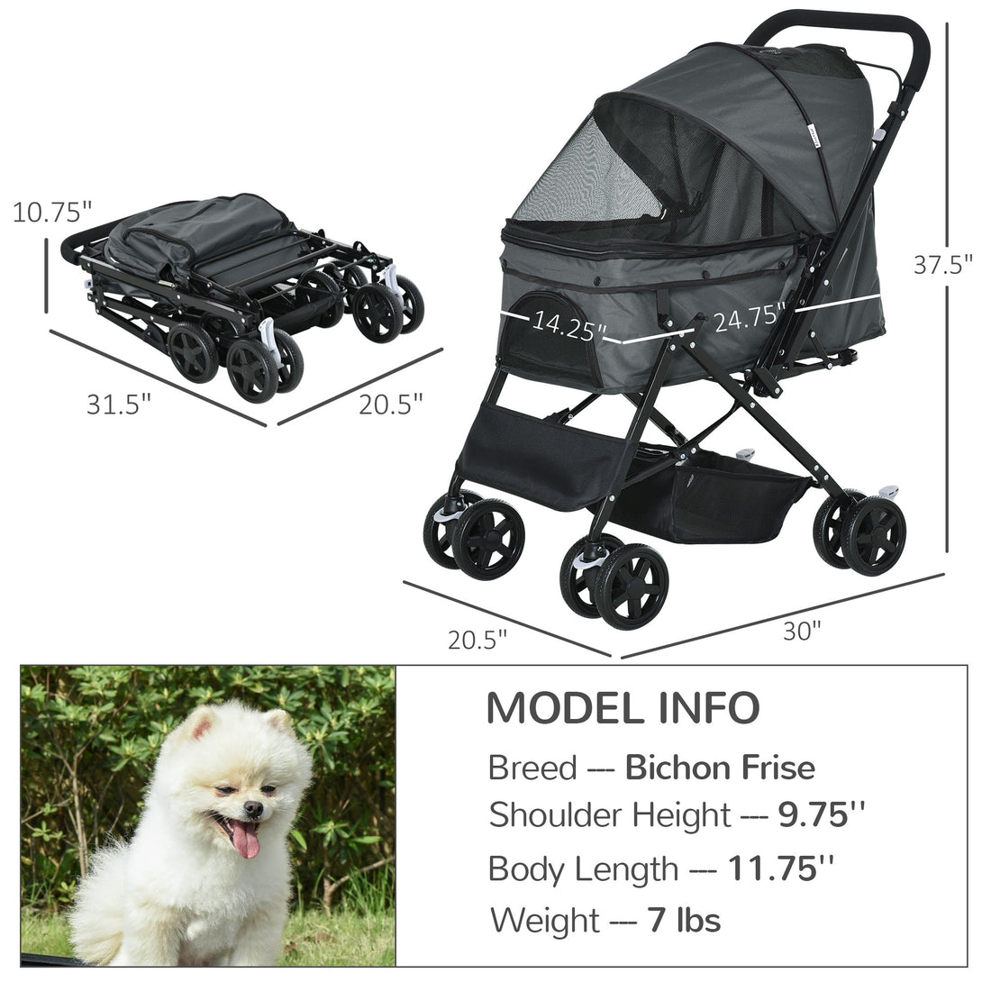 Pet Stroller Pushchair Foldable Travel Dog Cat Carriage w/ Reversible Handle Brake Basket