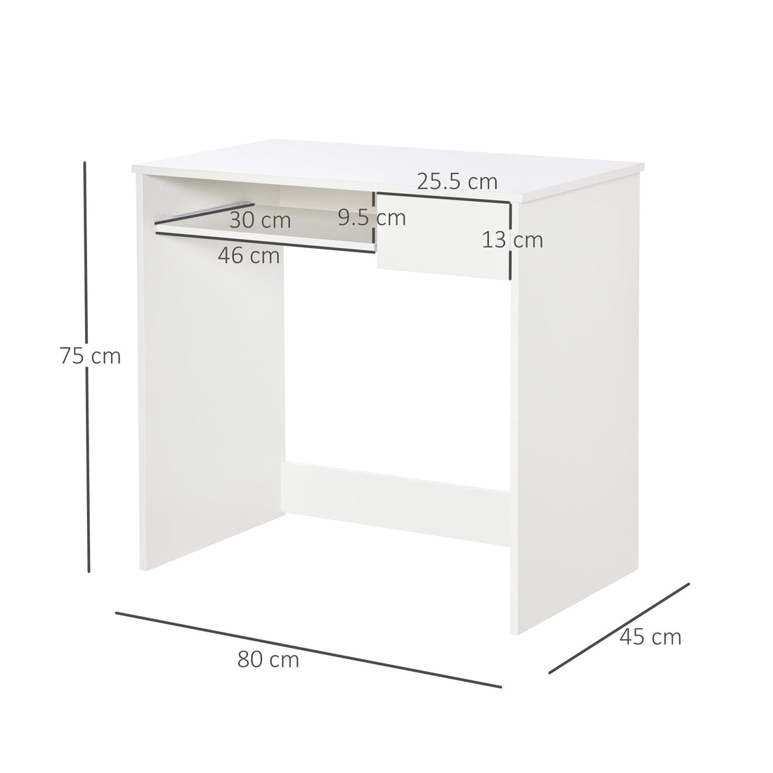80cm Compact Computer Desk with Keyboard Tray, Home Office Desk with Drawer for Bedroom Study, White