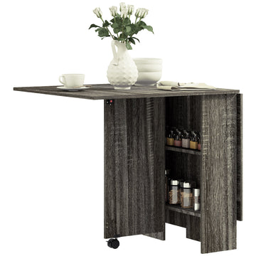 Folding Dining Table, Drop Leaf Table with 2-Tier Shelves, Rolling Casters, for Small Spaces, Kitchen, Grey
