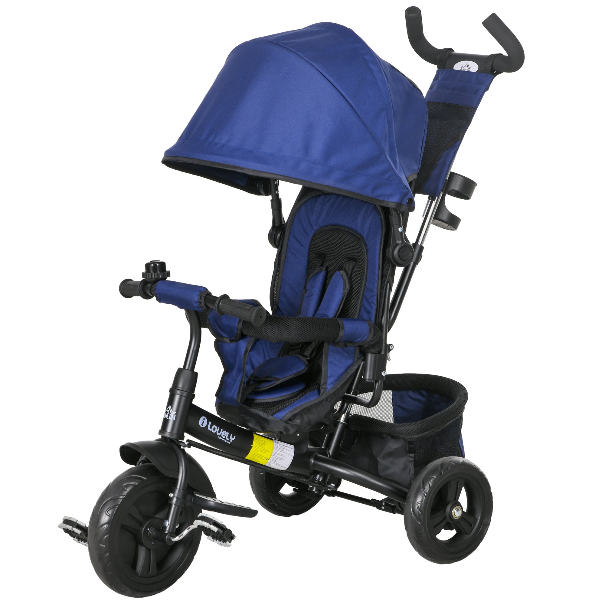 6 in 1 Kids Trike Push Bike with Push Handle, Canopy, 5-point Safety Belt, Storage, Footrest, Brake, for 1-5 Years, Dark Blue