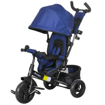 6 in 1 Kids Trike Push Bike with Push Handle, Canopy, 5-point Safety Belt, Storage, Footrest, Brake, for 1-5 Years, Dark Blue