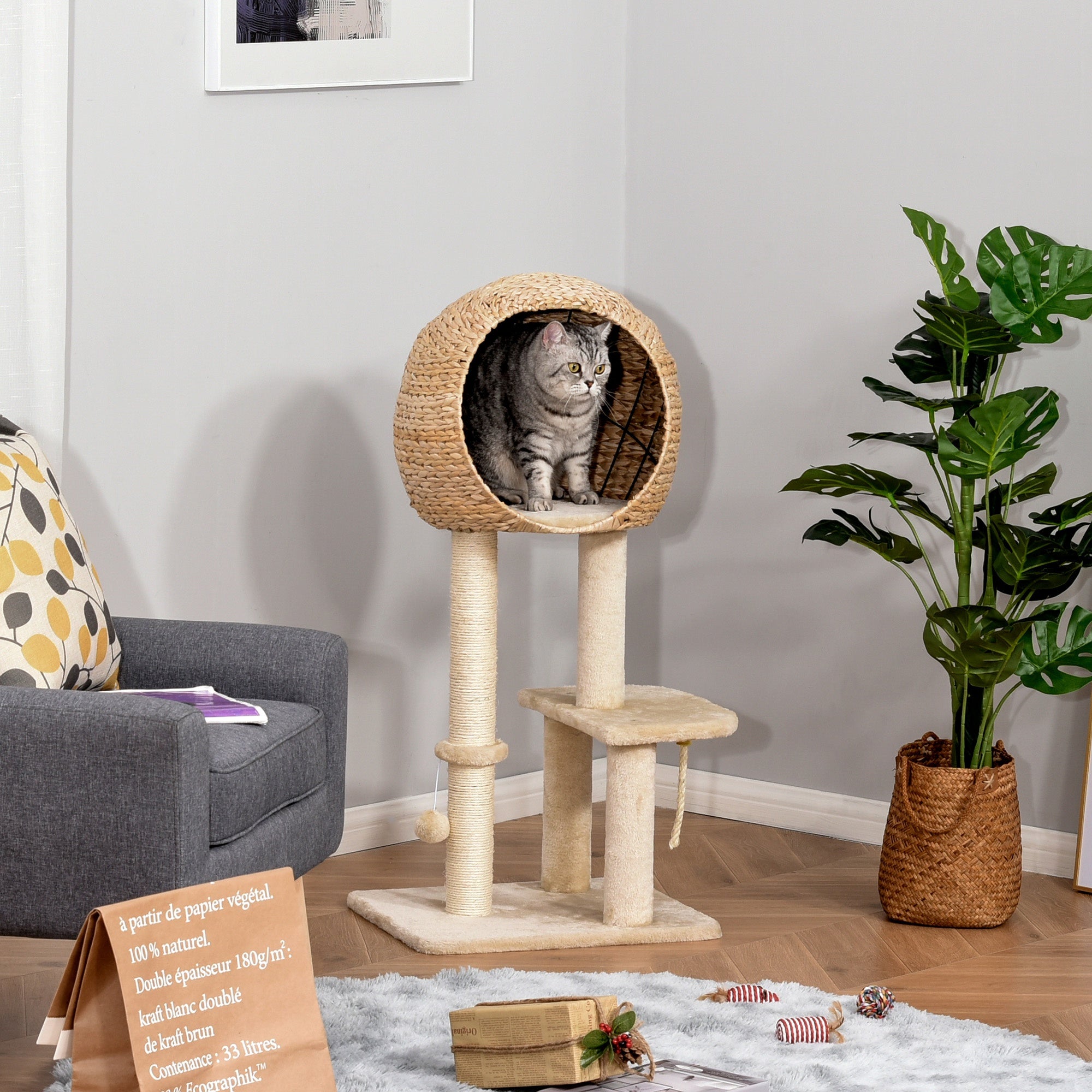 Cat Tree for Indoor Cats 100cm Kitten Climbing Tower Activity Center with Sisal Scratching Post Condo Perch Hanging Balls Teasing Rope Toy Cushion