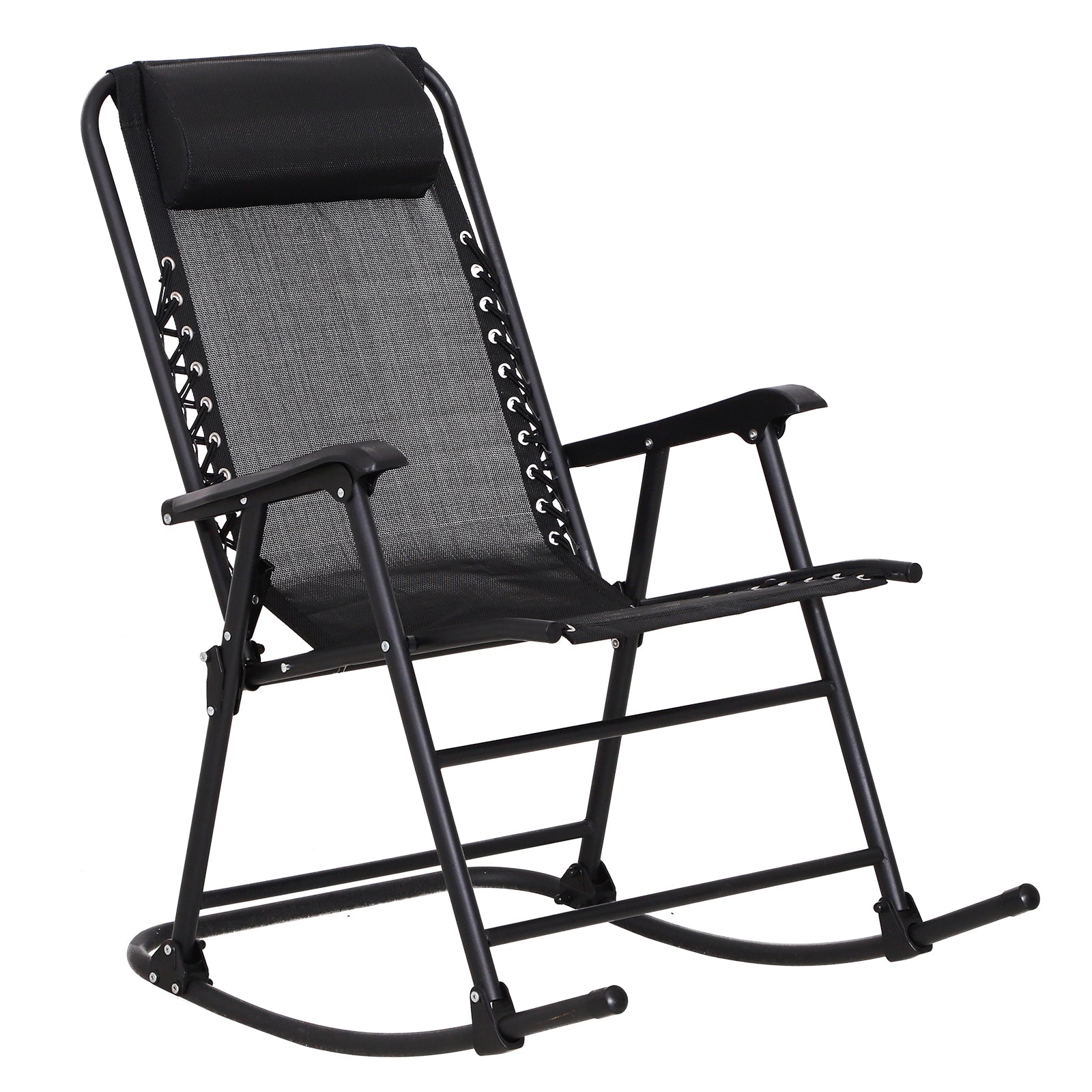 Garden Rocking Chair Folding Outdoor Adjustable Rocker Zero-Gravity Seat with Headrest Camping Fishing Patio Deck, 90 x 64 x 110 cm - Black