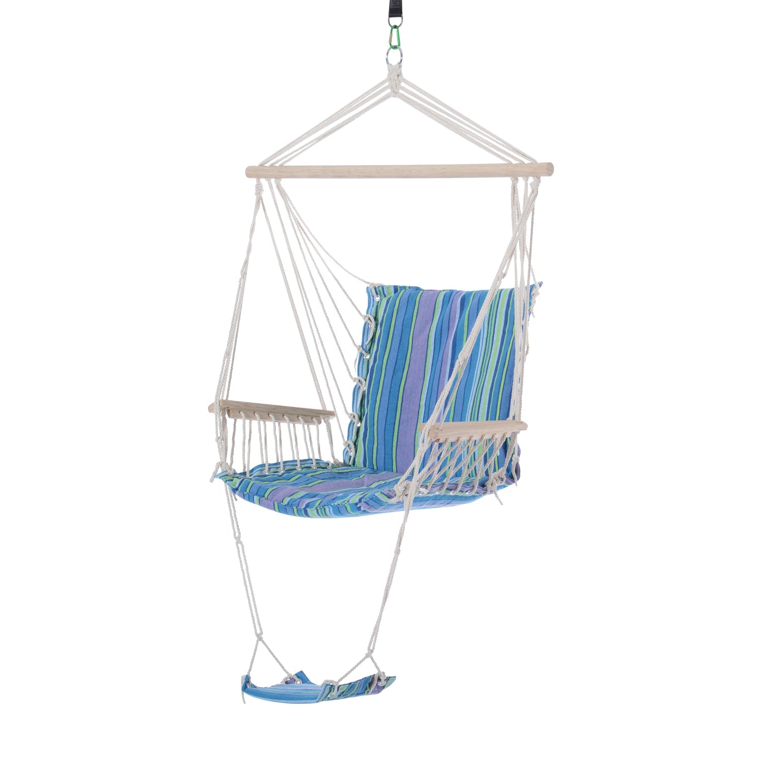 Hanging Rope Chair with Soft Padded Seat & Backrest, Portable Garden Hammoc Chair with Wooden Support Bar, Armrests, Cotton Cloth, Footrest, for Patio & Tree, Blue