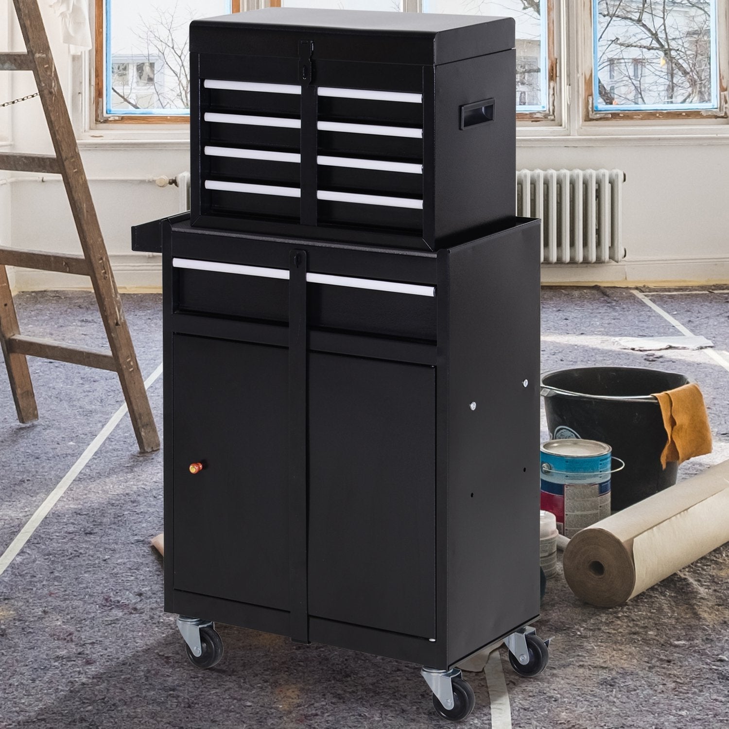 Tool Chest 2 in 1 Metal Tool Cabinet Storage Box with 5 Drawers Pegboard Wheels 60x28x104.5cm Black