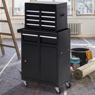 Tool Chest 2 in 1 Metal Tool Cabinet Storage Box with 5 Drawers Pegboard Wheels 60x28x104.5cm Black