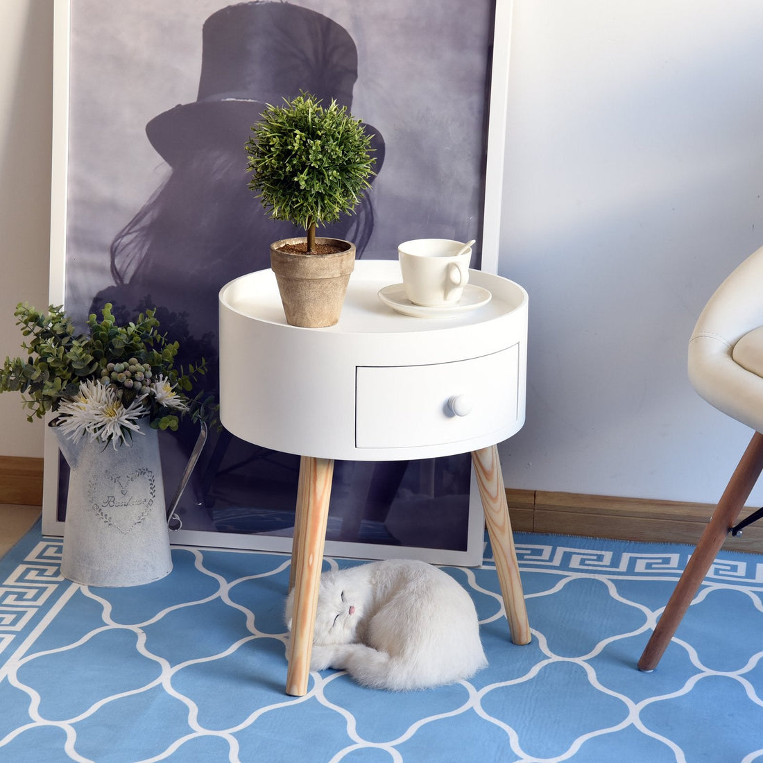 Modern Side Table, Small Coffee Table, Round Bedside Table with Drawer and Wood Legs for Living Room, Bedroom, White