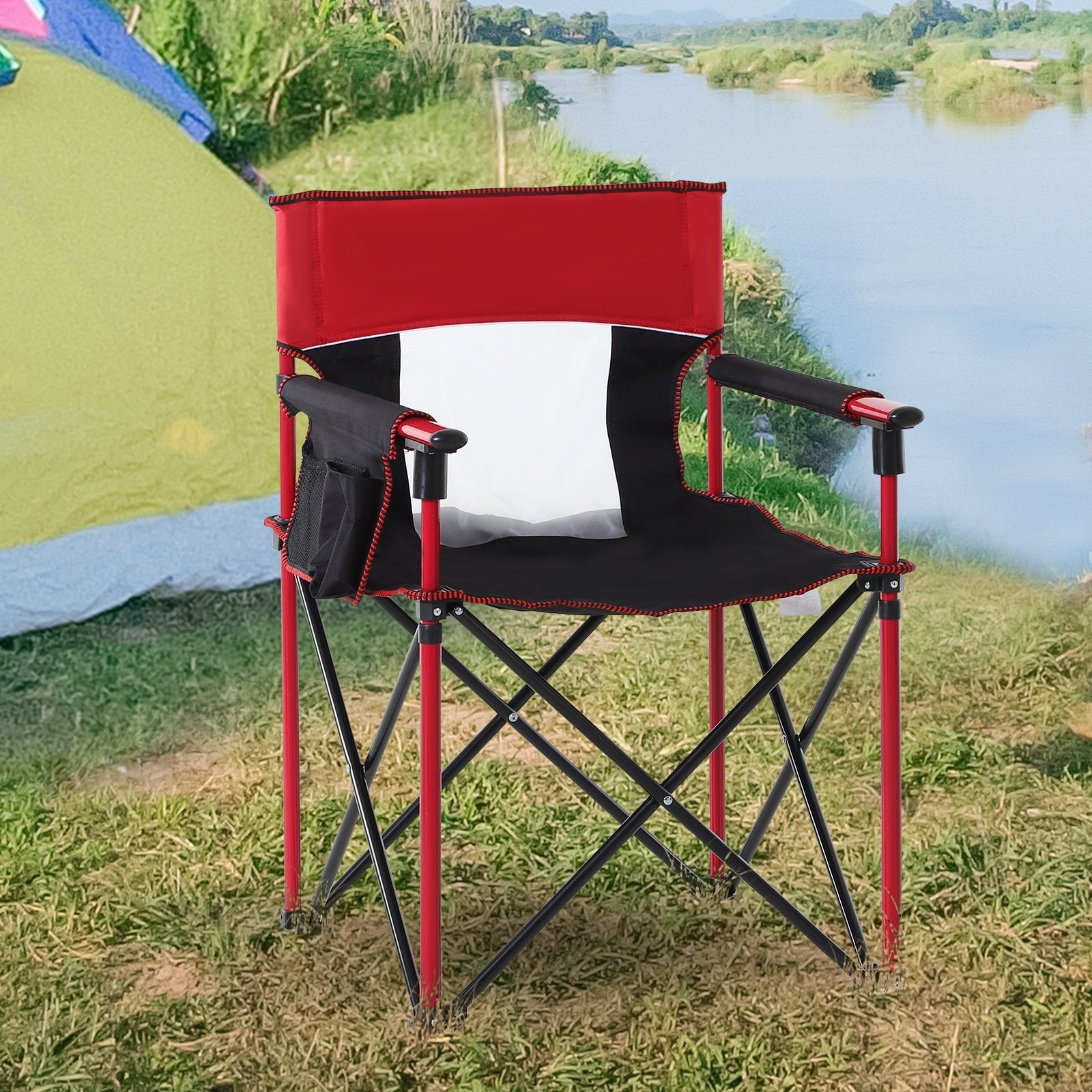 Folding Fishing Camping Chair Portable Picnic Armchair Director Seat Oxford Metal Frame with Cup Holder, Phone Pocket - Red