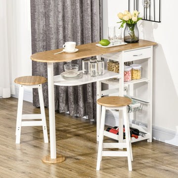 3 Piece Bar Table Set, Breakfast Bar table and Stools with Storage Shelf, Drawer, Wire Basket and Wine Rack for Kitchen, Home Bar, Natural and White
