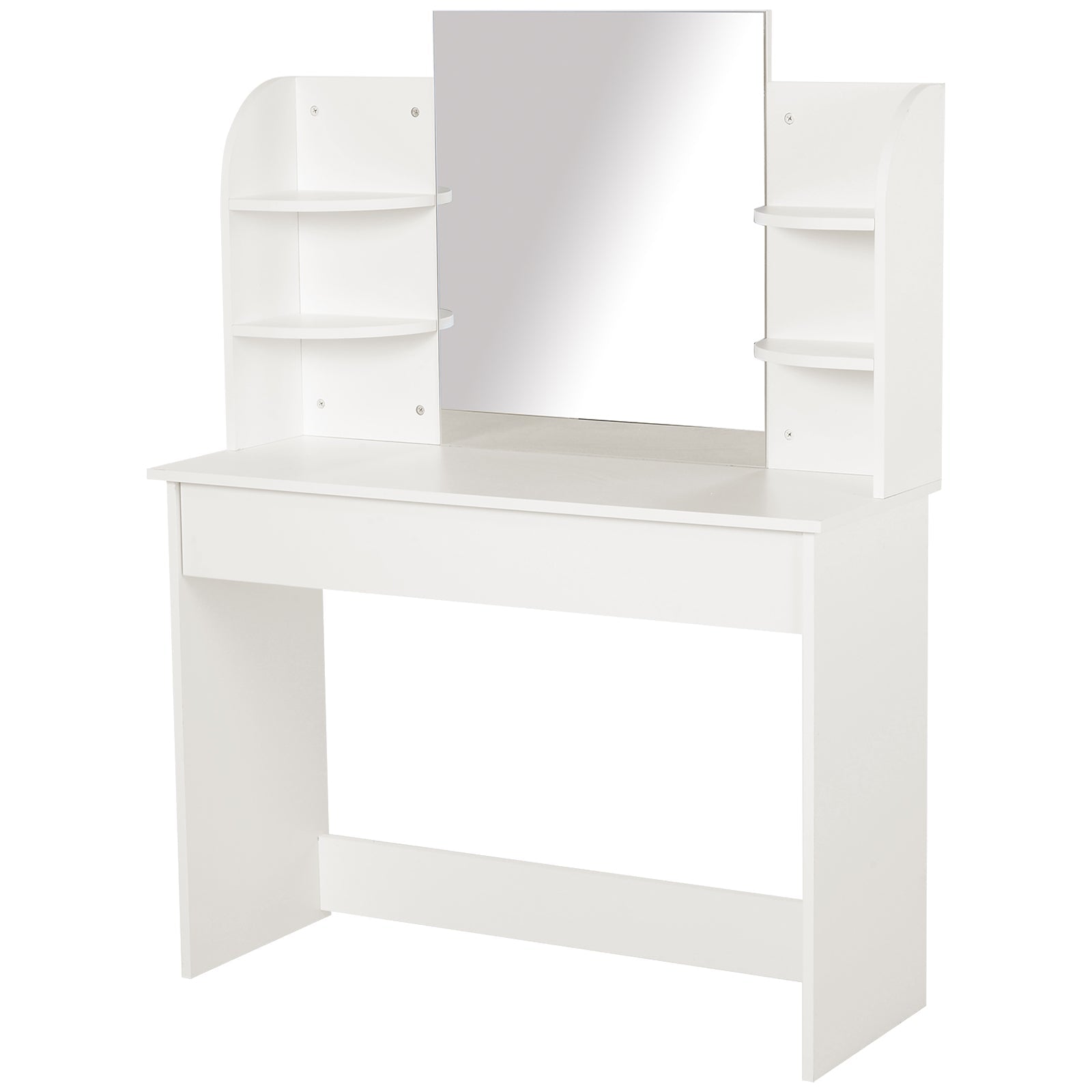 Modern Dressing Table Writing Desk W/ Mirror, Big Drawers, 2-Tier Open Shelf For Home Bedroom White