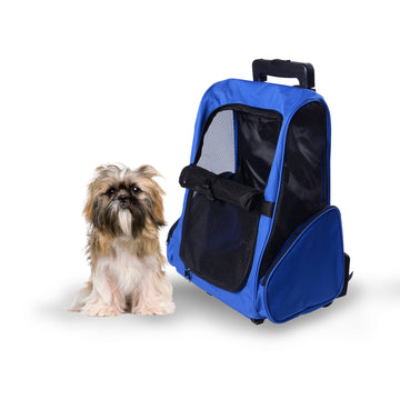 Pet Travel Backpack Bag Cat Puppy Dog Carrier w/ Trolley and Telescopic Handle Portable Stroller Wheel Luggage Bag (Blue)