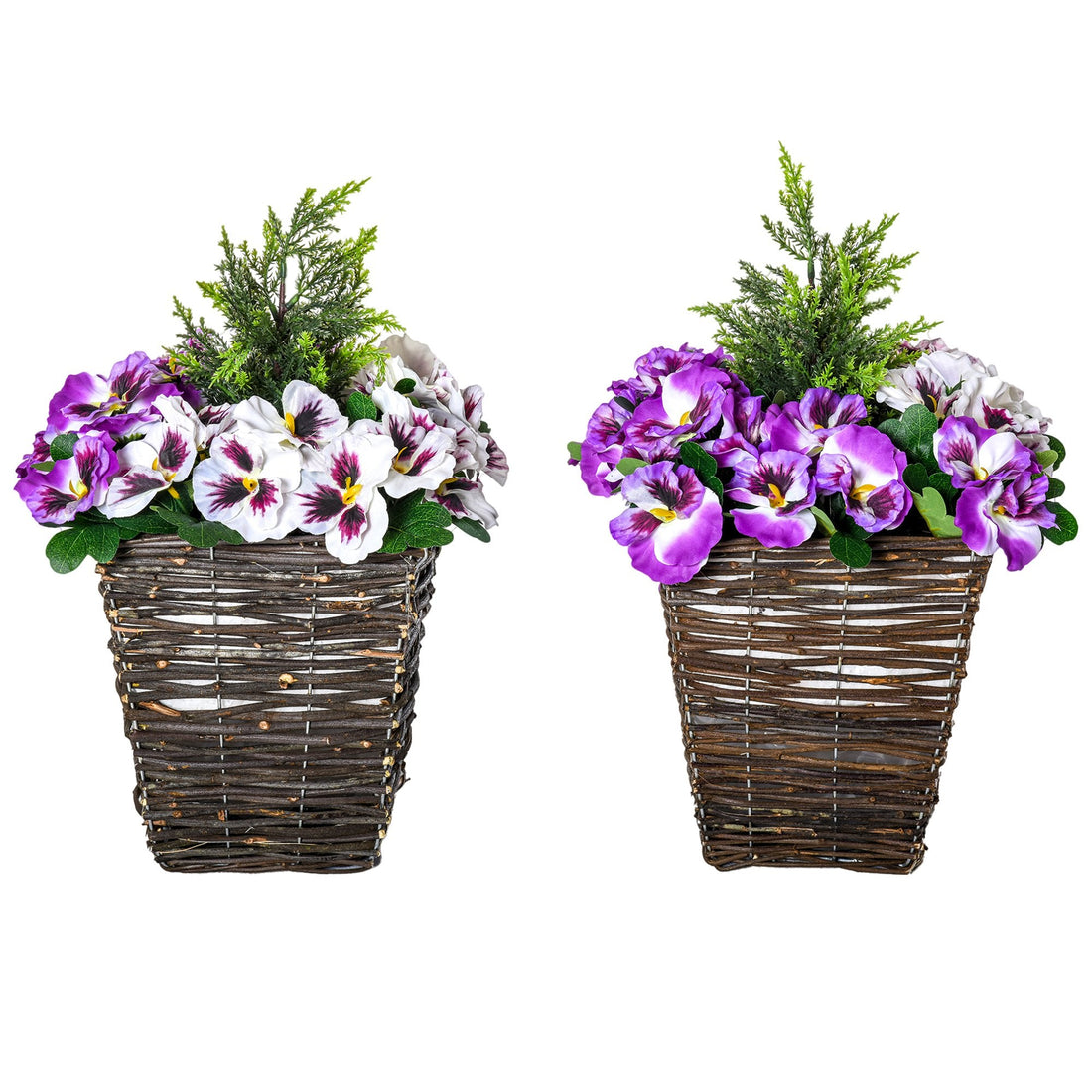2 Pieces Artificial Phalaenopsis Decorative Plant with Straw Plaiting Pot, Fake Flower, 45cm, White Purple