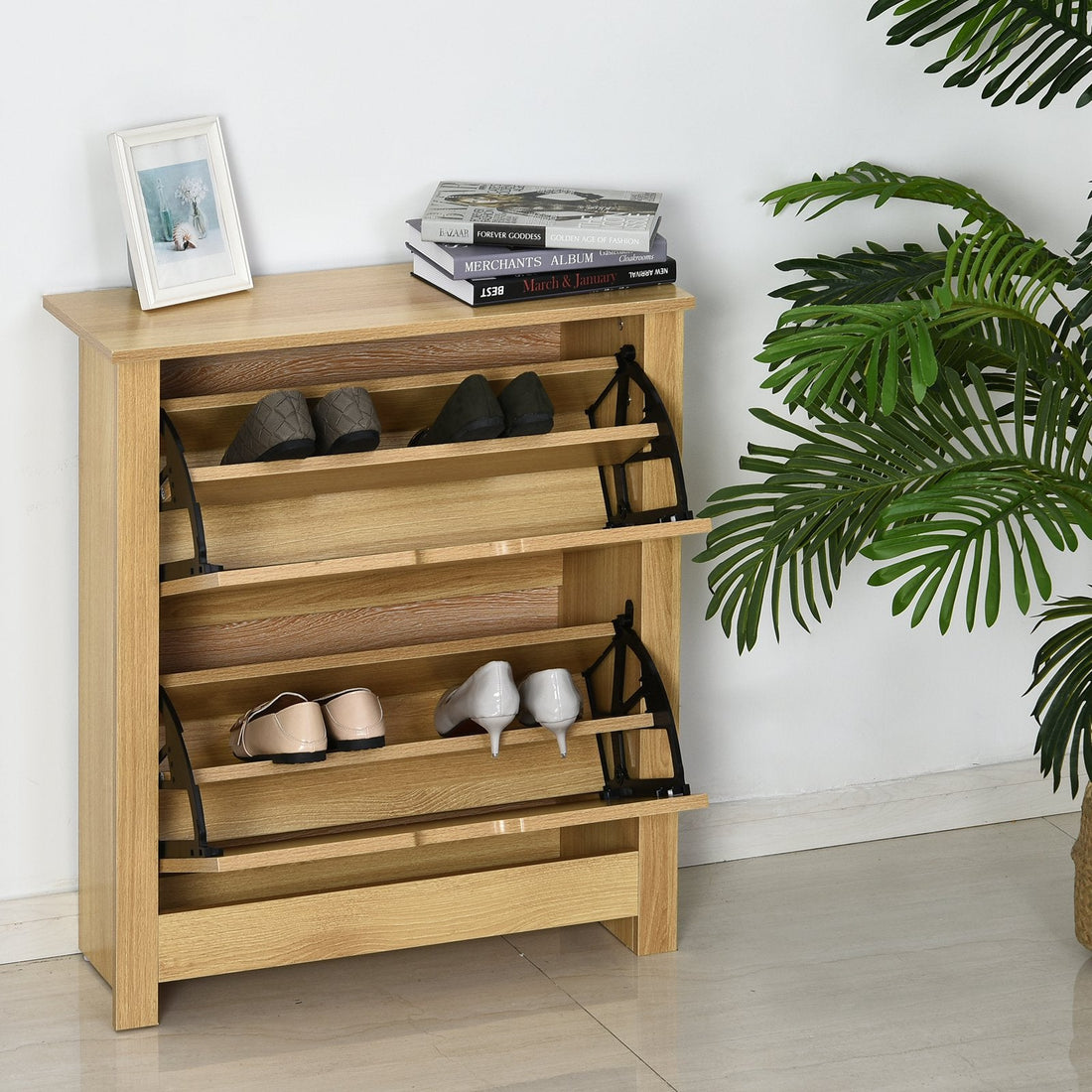 Narrow Shoe Cabinet, Space Saving Shoe Storage Cabinet with 2 Flip Drawers and Adjustable Shelves for 12 Pairs of Shoes for Hallways and Living Room, Natural Wood Finish