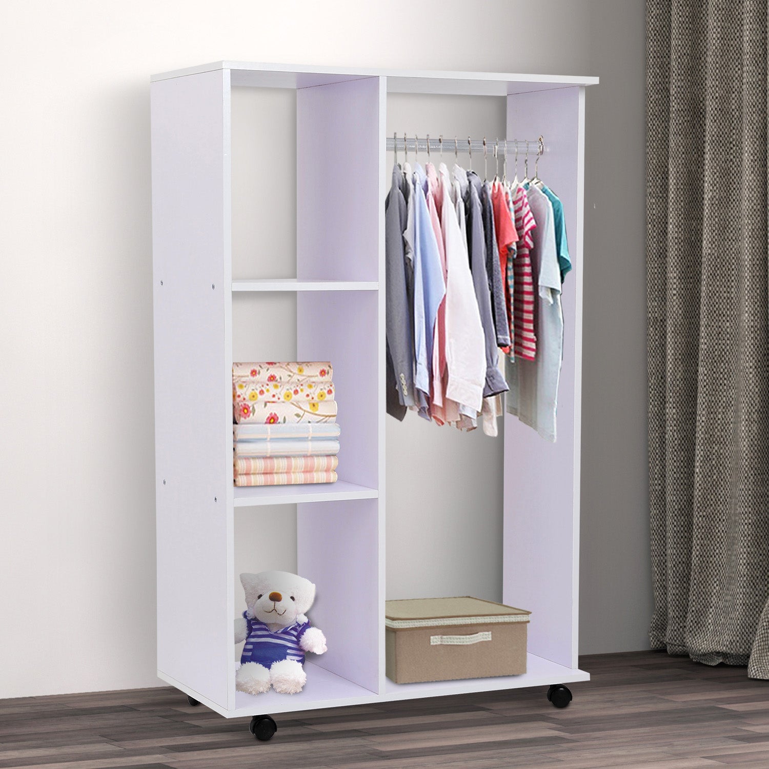 Open Wardrobe on Wheels, Bedroom Wardrobe with Clothes Hanging Rail, 3 Storage Shelves, Mobile Garment Rack for Cloakroom, Hallway, White