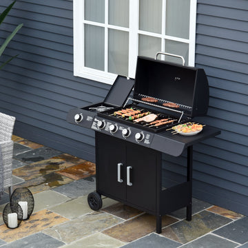 4+1 Burner Gas BBQ Grill, Outdoor Barbecue Trolley with Wheels, Warming Rack, Side Shelves, Cabinet, Thermometer for Garden, Party, Camping, 125 L x 51 W x 100 H cm, Black