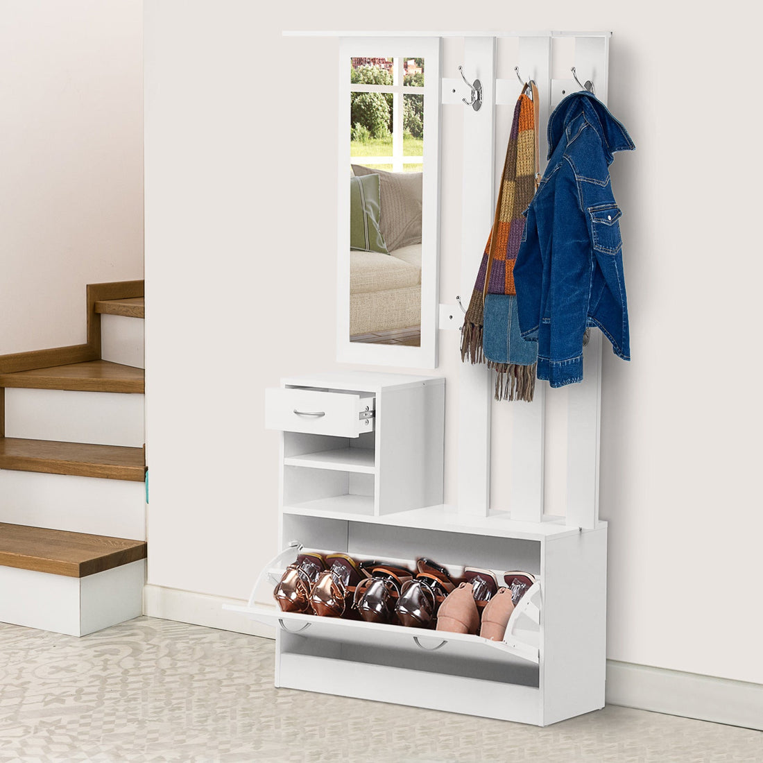 2PC Shoes Storage Chest Cloths Rack Unit w/Mirror Multiple Shelves Large Storage Capacity Shoes Cabinet 6 Hooks Cloth Rack White