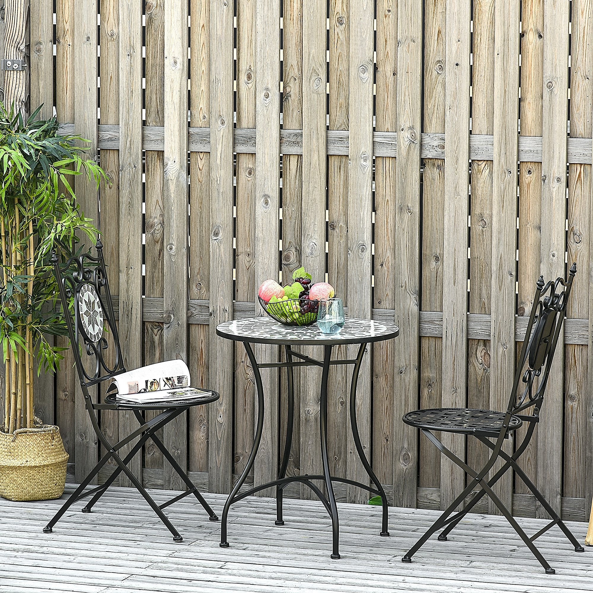 3 Pcs Mosaic Tile Garden Bistro Set Outdoor Seating w/ Table 2 Folding Chairs Set Metal Frame Elegant Scrolling Indoor Patio Balcony