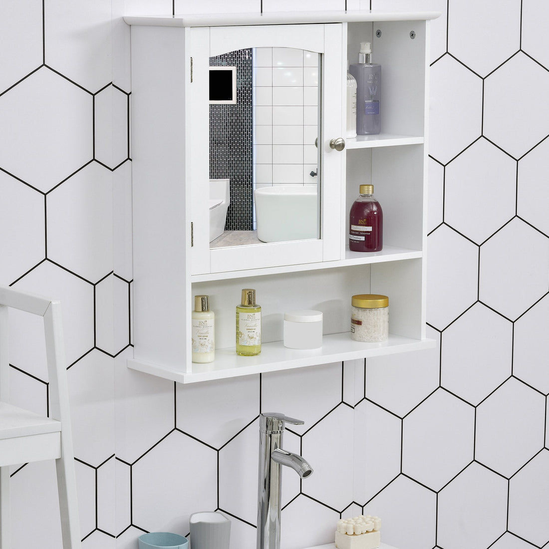 Bathroom Cabinet, Wall Mount Storage Organizer with Mirror, Adjustable Shelf for Bathroom, Kitchen, Bedroom, White