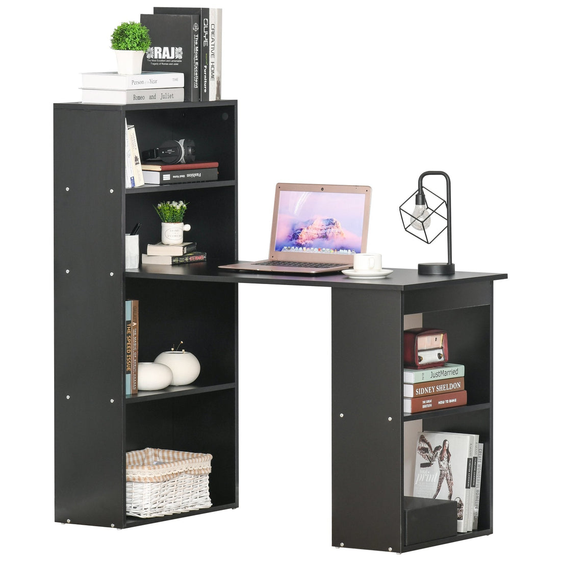 120cm Computer Desk, Wooden PC Laptop Table with 6-Tier Storage Bookshelves, Home Office Working Study Desk, Writing Workstation, Black