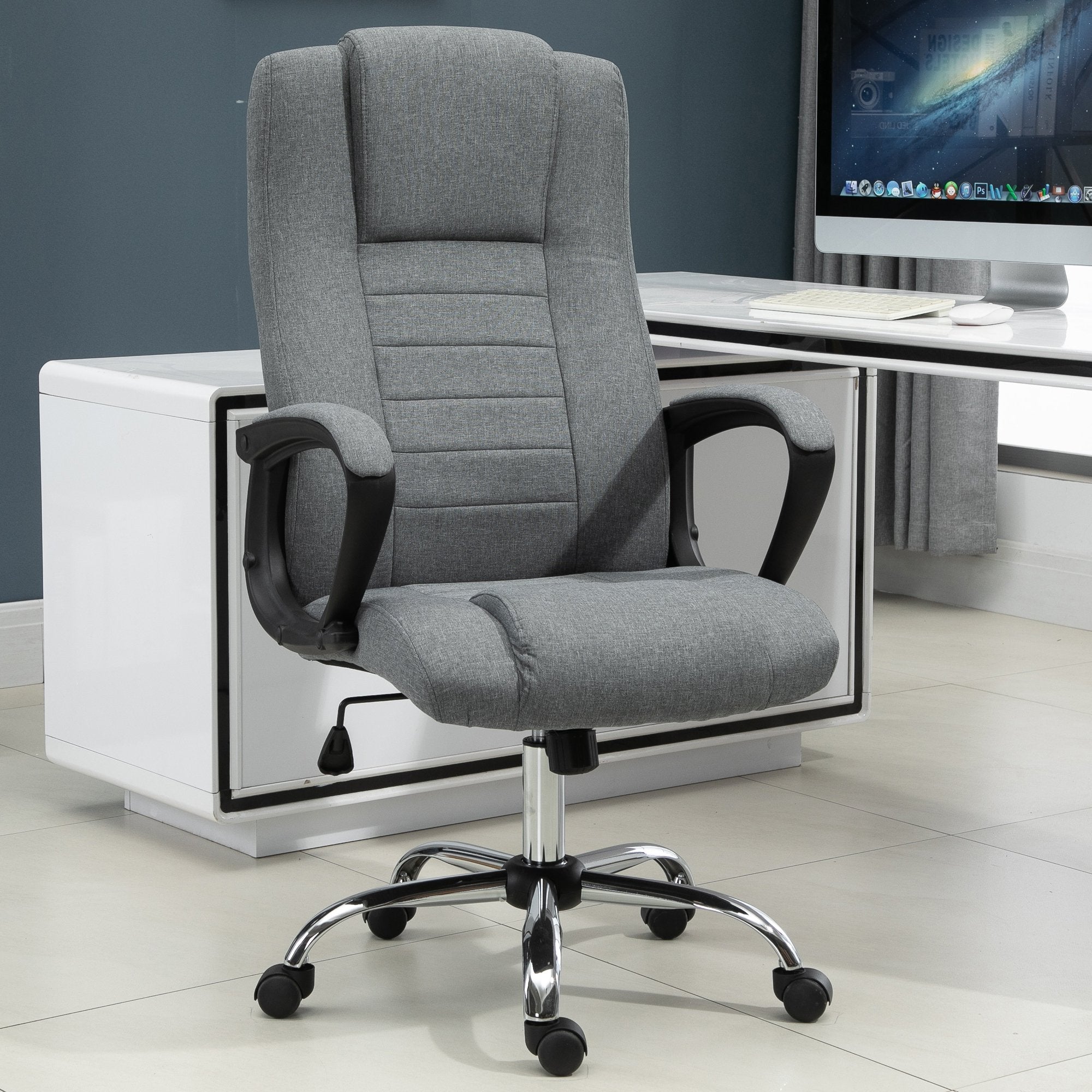 Office Chair, Computer Desk Chair, Linen Fabric Swivel Chair with Adjustable Height, Rolling Wheels for Home and Study, Grey