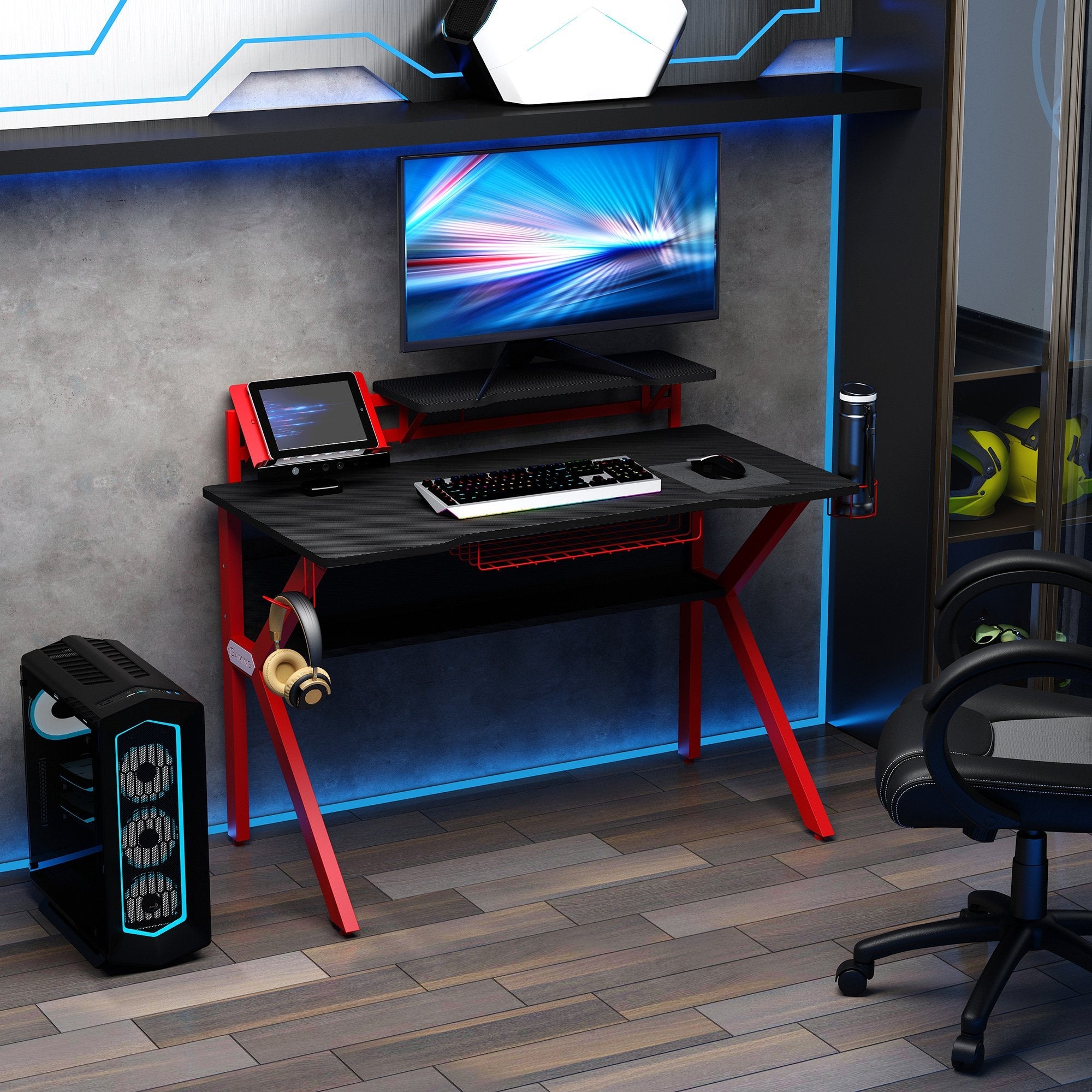 Gaming Desk, Computer Table with Monitor Stand, Cup Holder, Headphone Hook, Wire Basket and Metal Frame, 120cm, Red