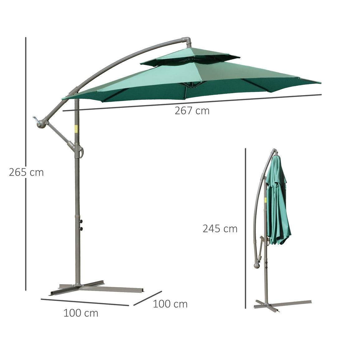 2.7m Banana Parasol Cantilever Umbrella with Crank Handle, Double Tier Canopy and Cross Base for Outdoor, Hanging Sun Shade, Green