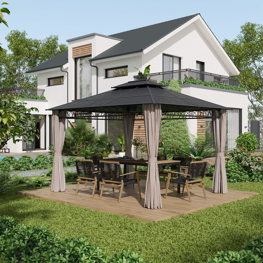 3.6 x 3 (m) Outdoor Polycarbonate Gazebo, Double Roof Hard Top Gazebo with Nettings & Curtains for Garden, Lawn, Patio