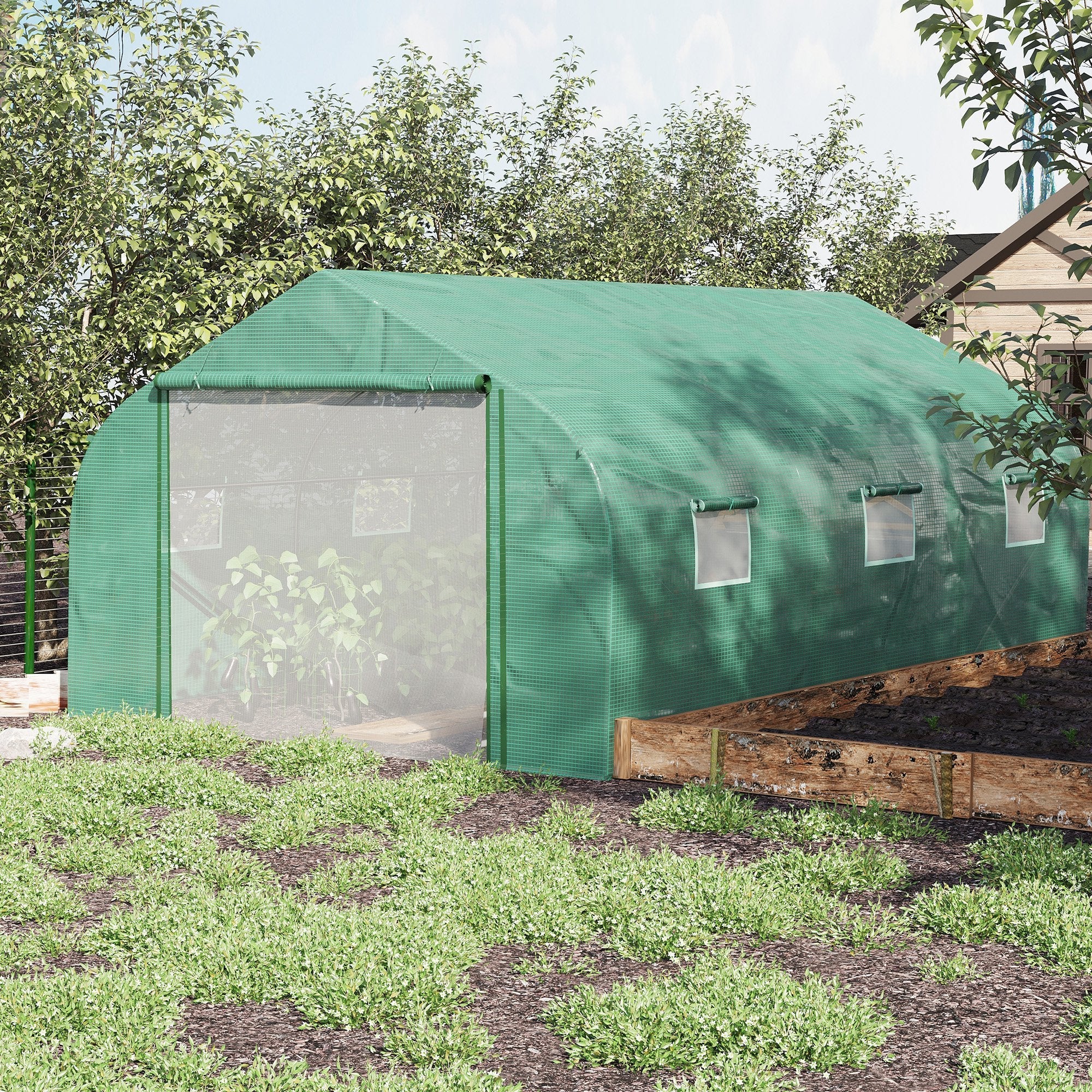 Walk-in Polytunnel Garden Greenhouse, Outdoor Mesh Door Greenhouse with PE Cover and 6 Windows, 4.5 x 3 x 2m, Green