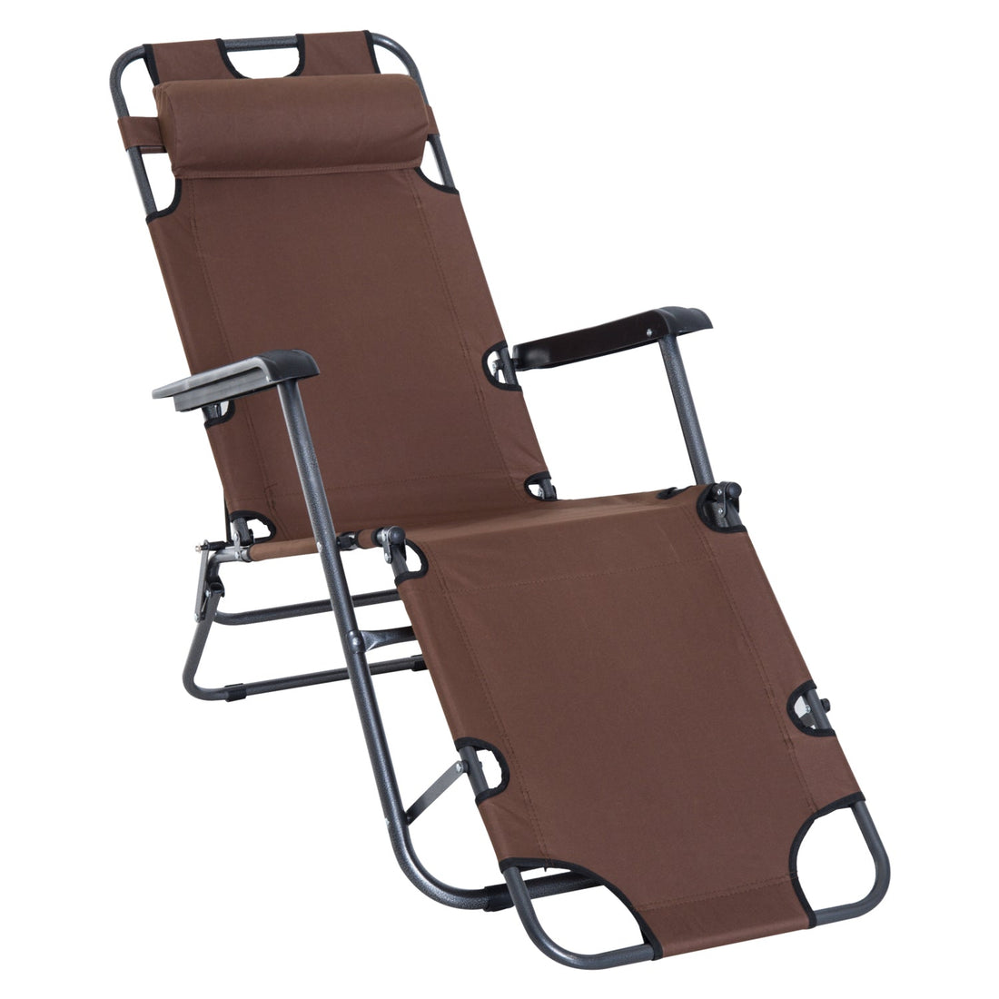 2 in 1 Sun Lounger Folding Reclining Chair Garden Outdoor Camping Adjustable Back with Pillow, Brown