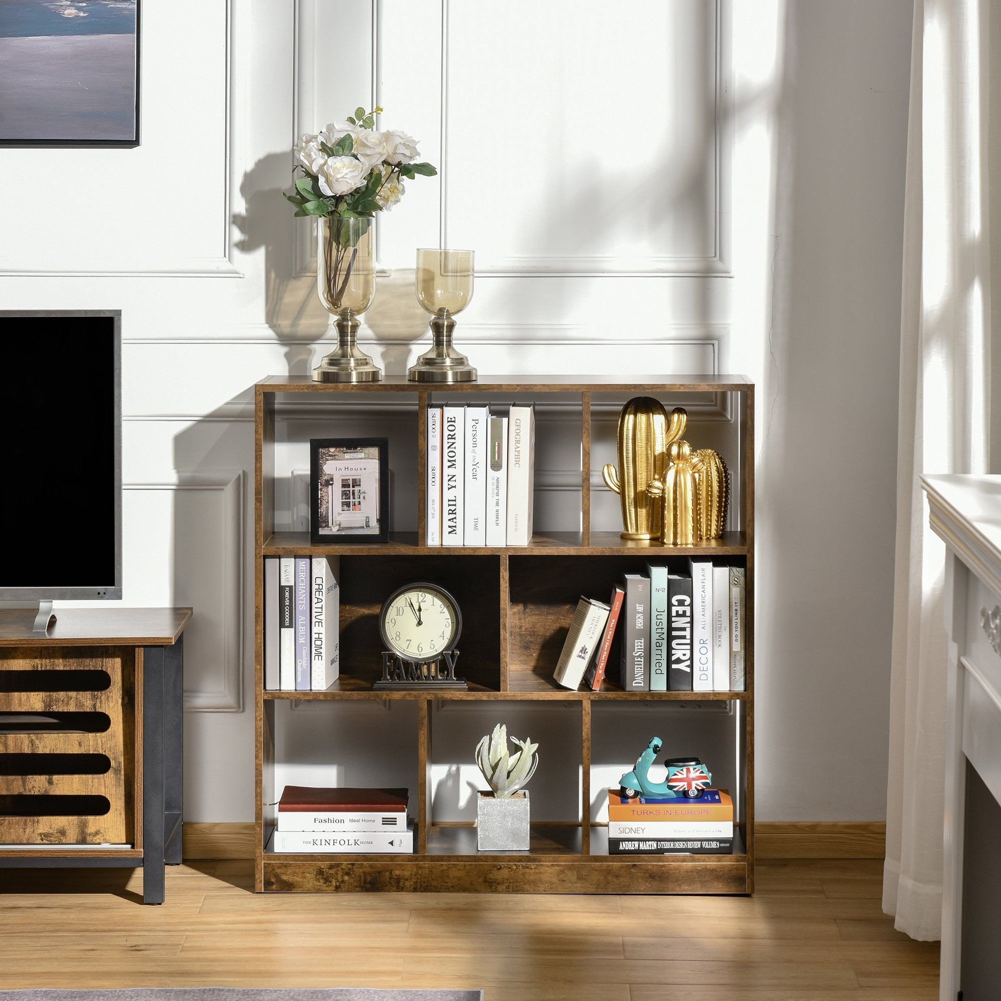 3-Tier Bookcase, Storage Shelf Unit with Open Compartments, for Living Room, Bedroom, Office, Divider, 97.5 x 30 x 100 cm, Rustic Brown
