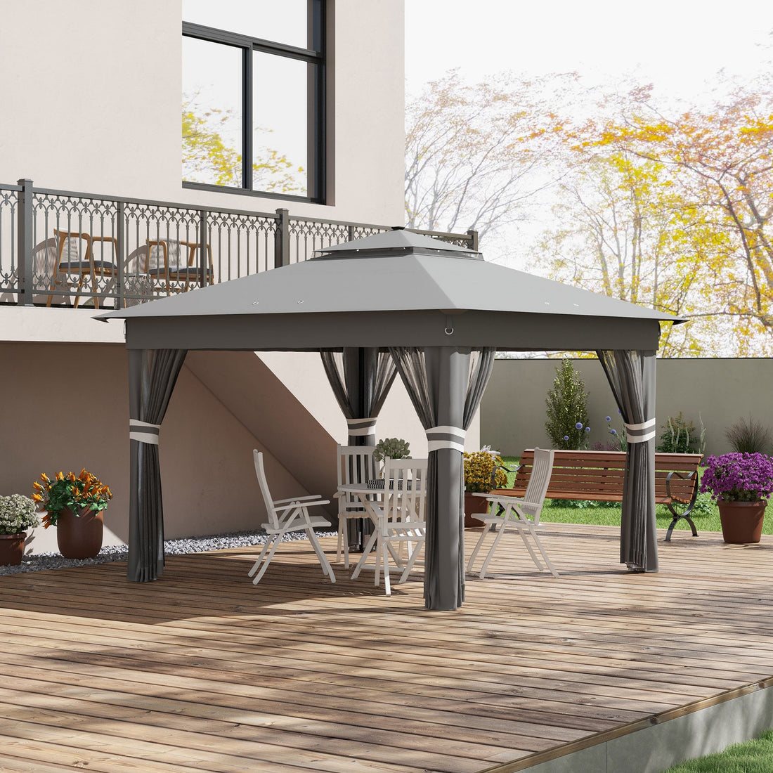 3 x 3(m) Pop Up Gazebo Party Tent with Solar-Powered LED Lights, Adjustable Event Shelter with Netting, Grey