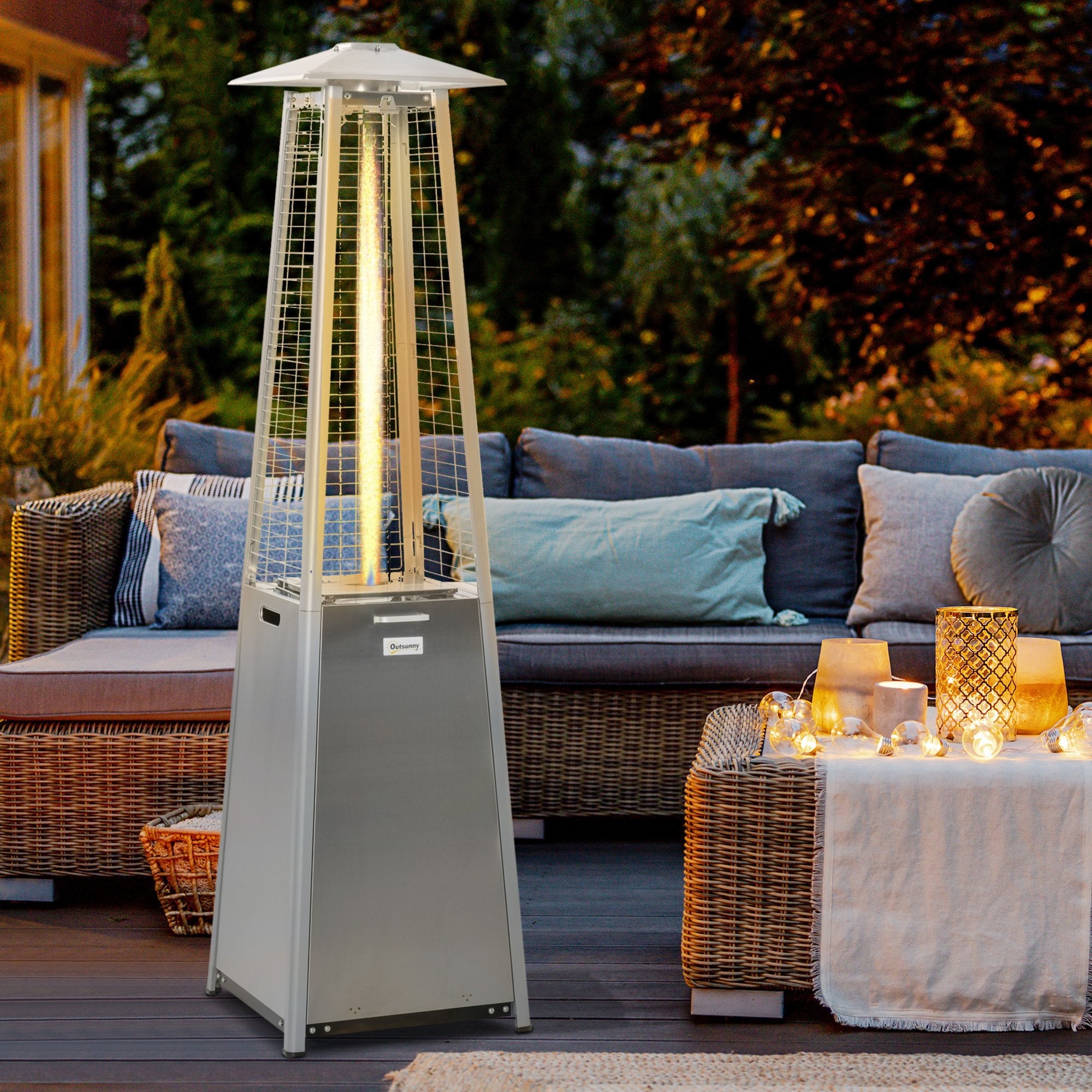 11.2KW Outdoor Patio Gas Heater Stainless Steel Pyramid Propane Heater Garden Freestanding Tower Heater with Wheels, Dust Cover, Regulator and Hose, Silver