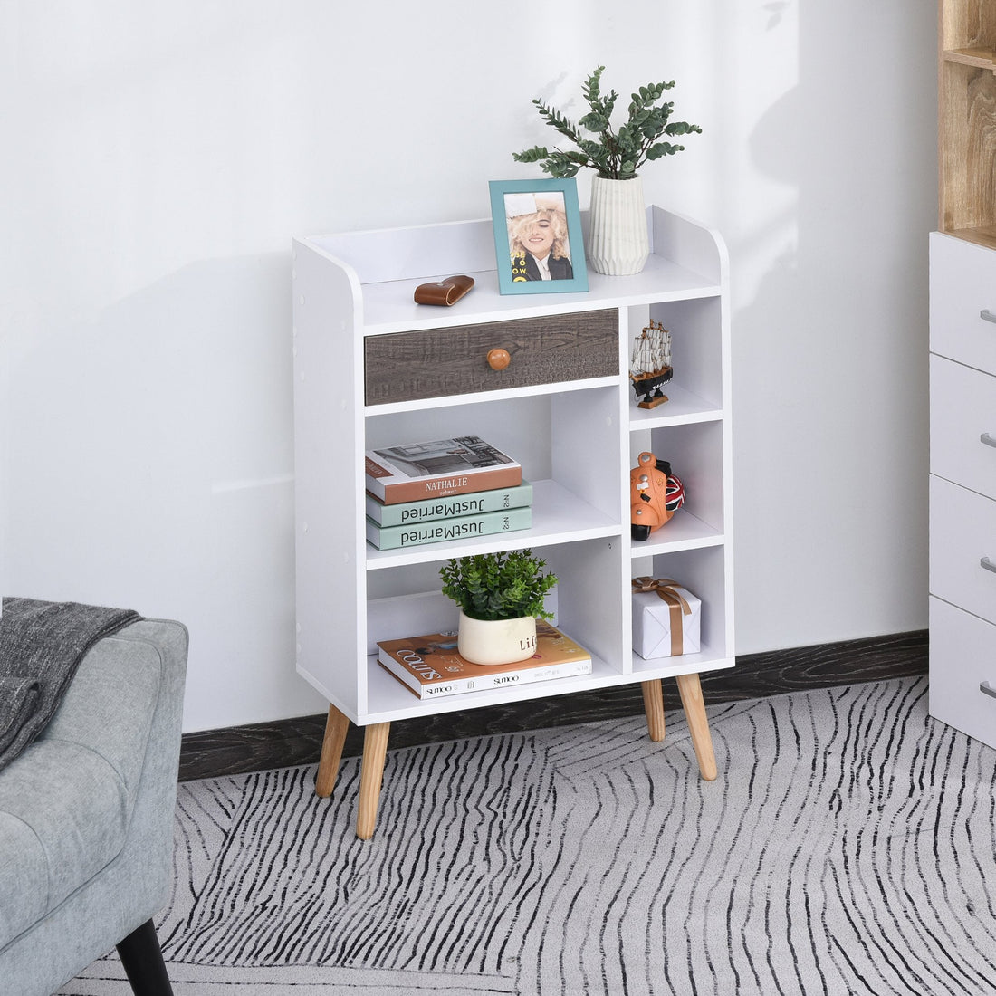 Bookcase, Freestanding Book Shelf with Storage Drawer, 6 Shelves and Wood Legs for Home Office Display, White and Grey, 24D x 60W x 86.8H cm