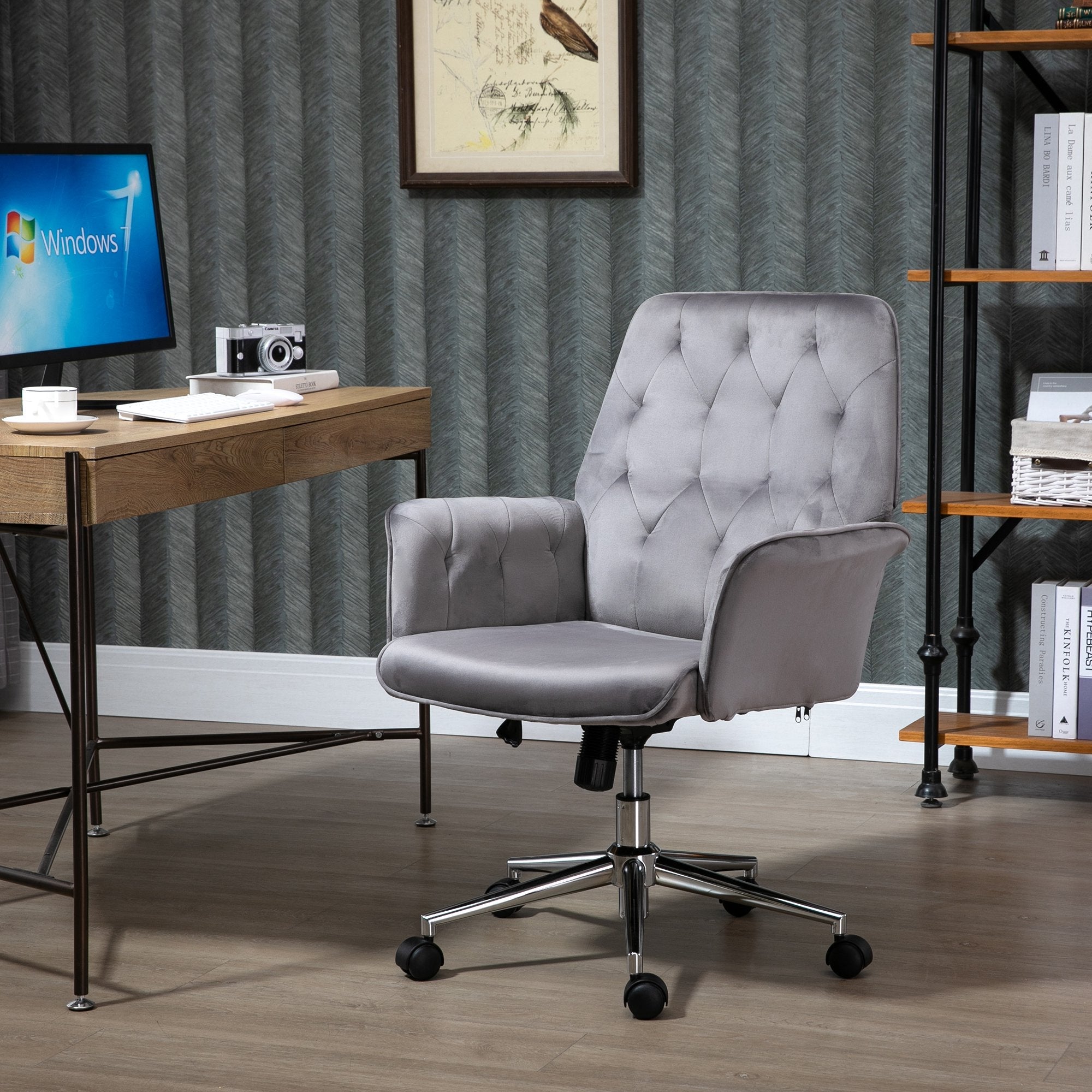 Linen Computer Chair with Armrest, Modern Swivel Chair with Adjustable Height, Dark Grey