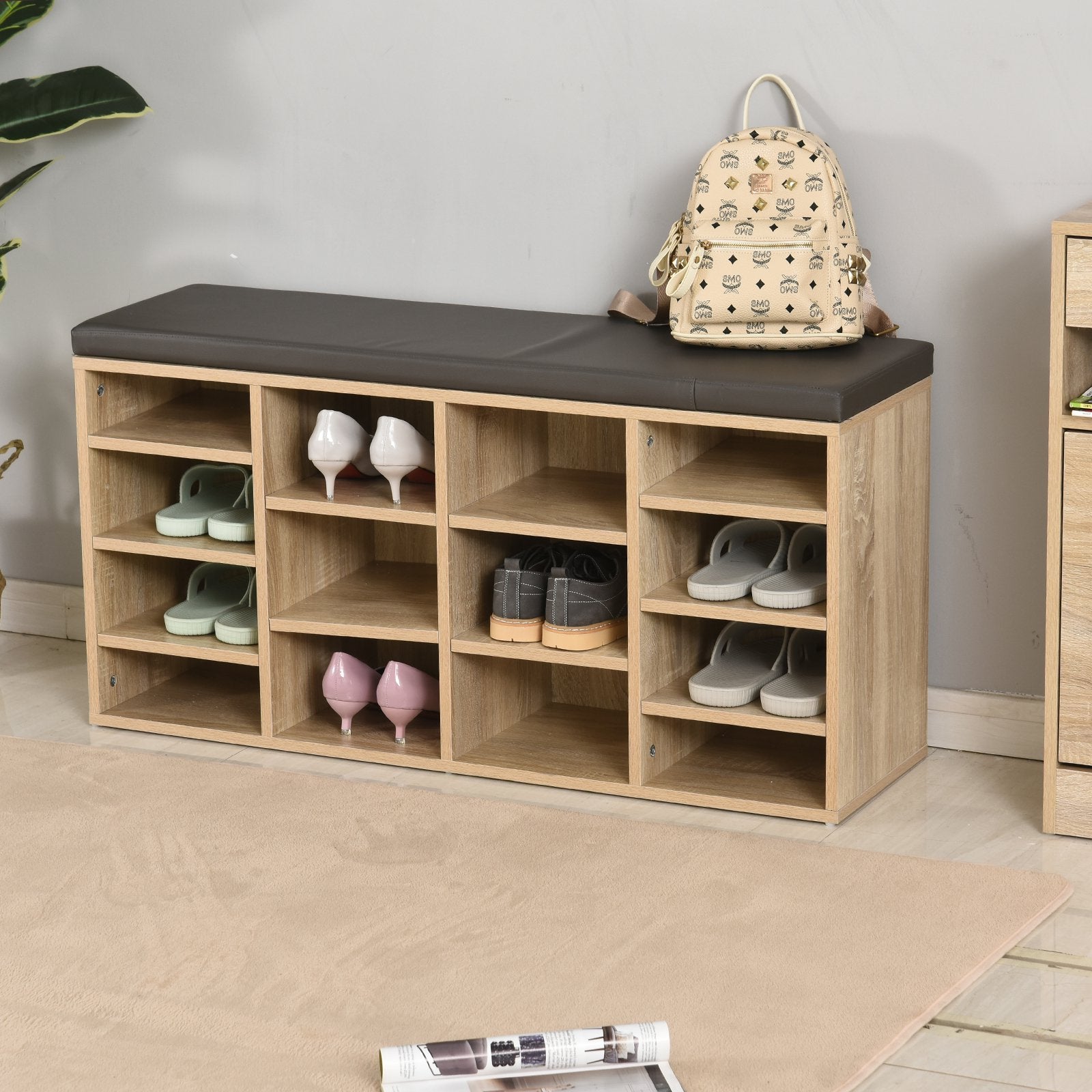 Multi-Storage Shoe Rack w/ 14 Compartments Cushion Moving Shelves Solid Frame Foot Pads Home Office Tidy Organisation Boots Trainers Brown