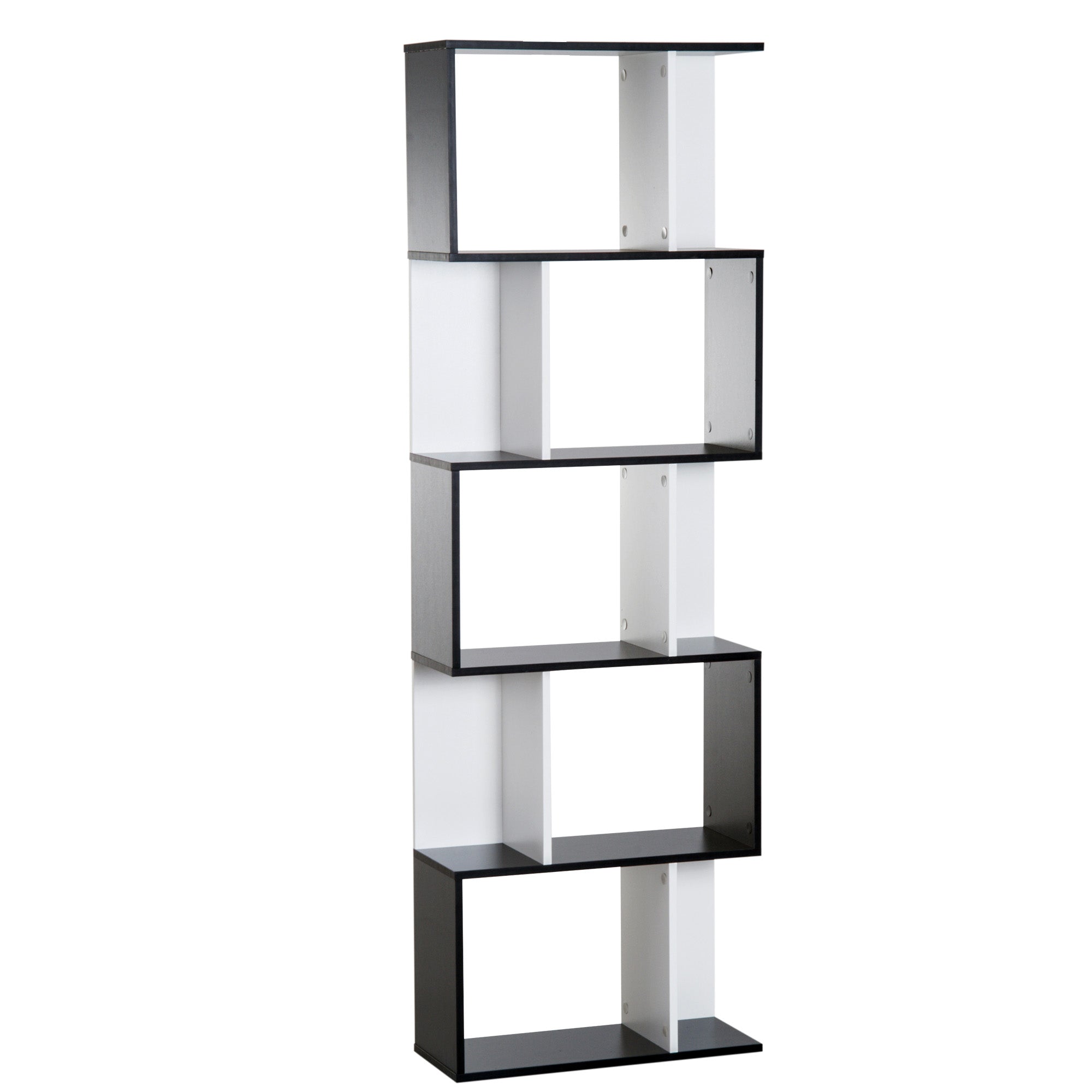 Bookcase, S-Shaped Wooden Bookshelf, 5/6 Tiers Freestanding Storage Shelf, Home Office Decorative Display Stand Rack, Black and White, 24D x 60W x 184.5H