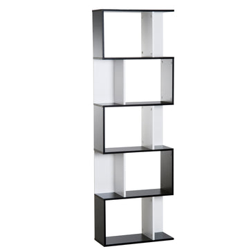 Bookcase, S-Shaped Wooden Bookshelf, 5/6 Tiers Freestanding Storage Shelf, Home Office Decorative Display Stand Rack, Black and White, 24D x 60W x 184.5H