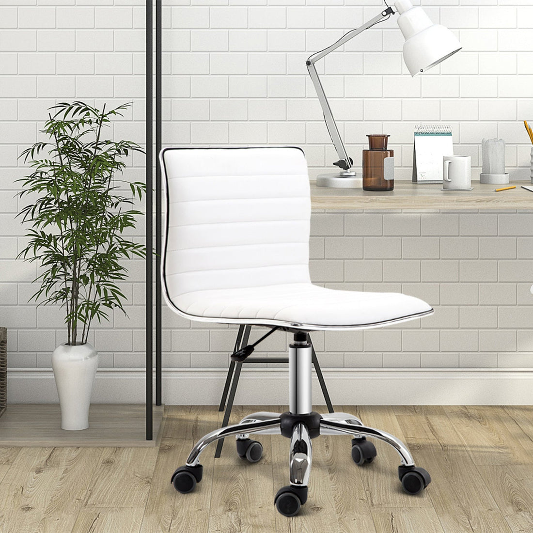 Adjustable Swivel Office Chair with Armless Mid-Back in PU Leather and Chrome Base - White