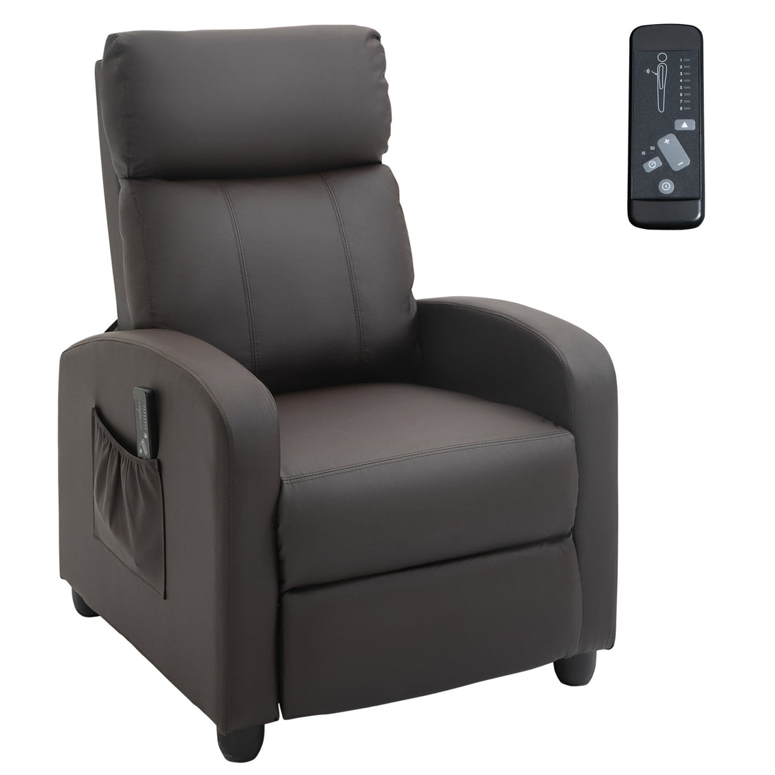 Recliner Armchair, Massage Faux Leather Push Back Reclining Chair with Adjustable Leg Rest, Side Pocket, for Home Living Room Theatre, Brown