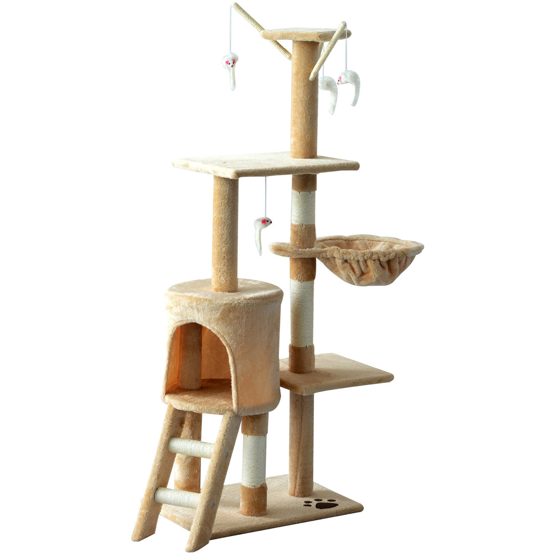 Cat Tree for Indoor Cats 135cm Kitten Tower Scratching Post Kitty Scratcher Climbing Tower with Ladder, Beige