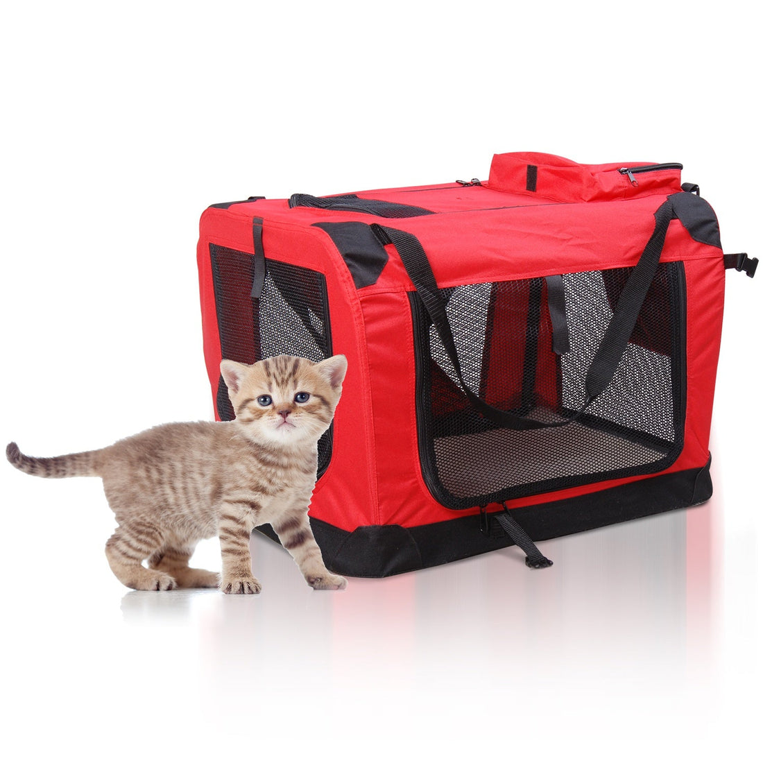 Foldable Pet Carrier for Small and Miniature Dogs, Portable Cat Carrier Soft Side Pet Travel Crate with Removable Mat, Storage Bags, Breathable Mesh Window 60 x 42 x 42cm - Red