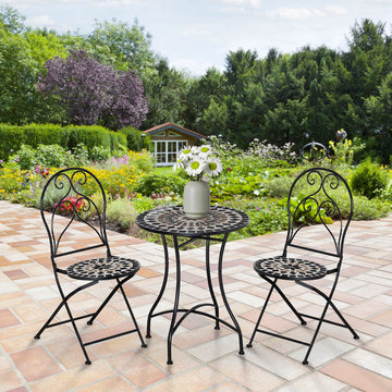 3 Piece Garden Bistro Set with Coffee Table and 2 Folding Chairs, Mosaic Tile Top and Seats, Metal Frame, for Patio Balcony
