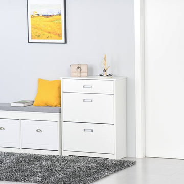 Shoe Cabinet, Slim Shoe Storage Cabinet with Drawer, 2 Flip-up Doors and Adjustable Shelf, Narrow Shoe Cupboard for 16 Pairs of Shoes for Entryway, Hallway, White
