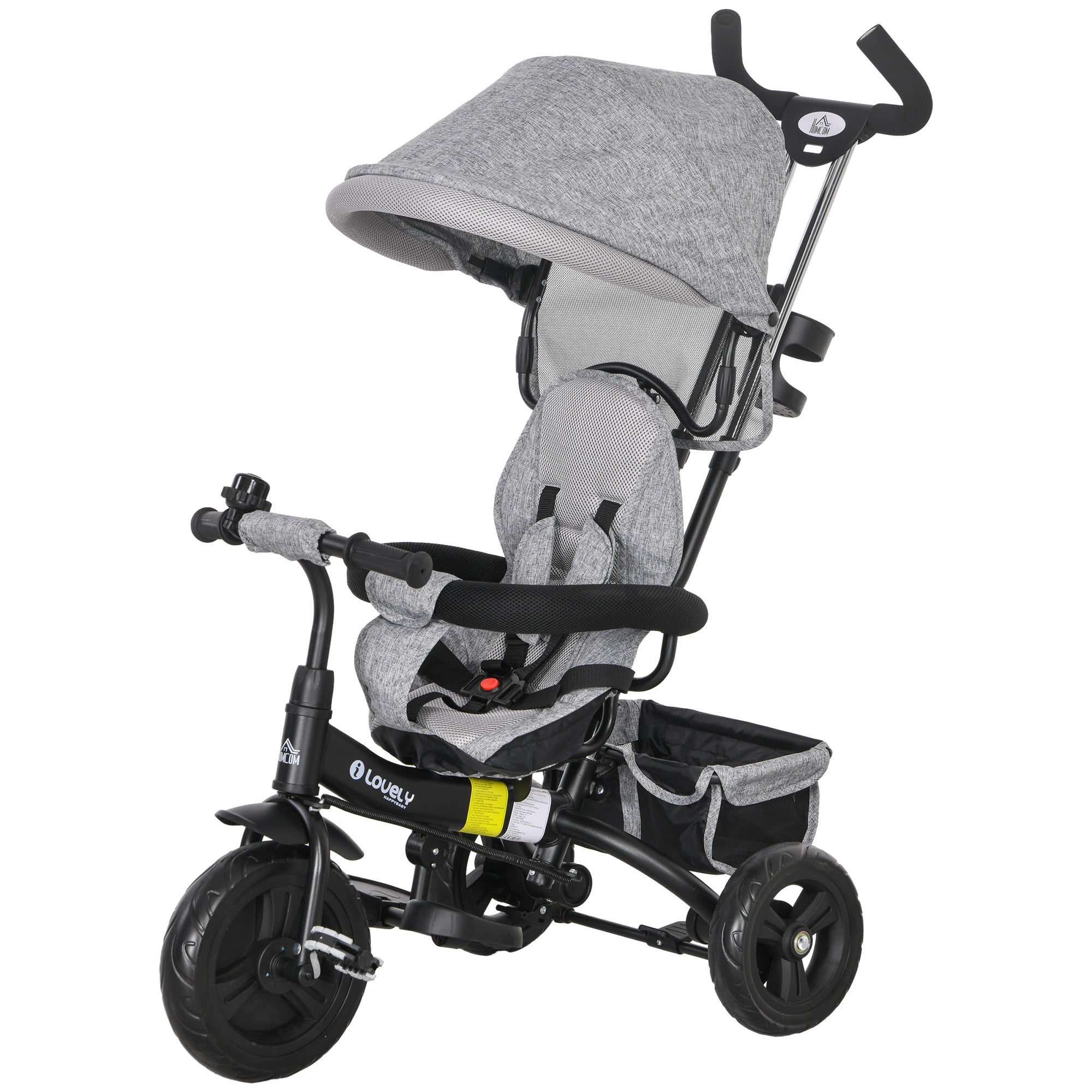 6 in 1 Kids Trike Push Bike w/ Push Handle, Canopy, 5-point Safety Belt, Storage, Footrest, Brake, for 1-5 Years, Grey