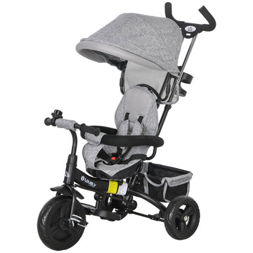 6 in 1 Kids Trike Push Bike w/ Push Handle, Canopy, 5-point Safety Belt, Storage, Footrest, Brake, for 1-5 Years, Grey
