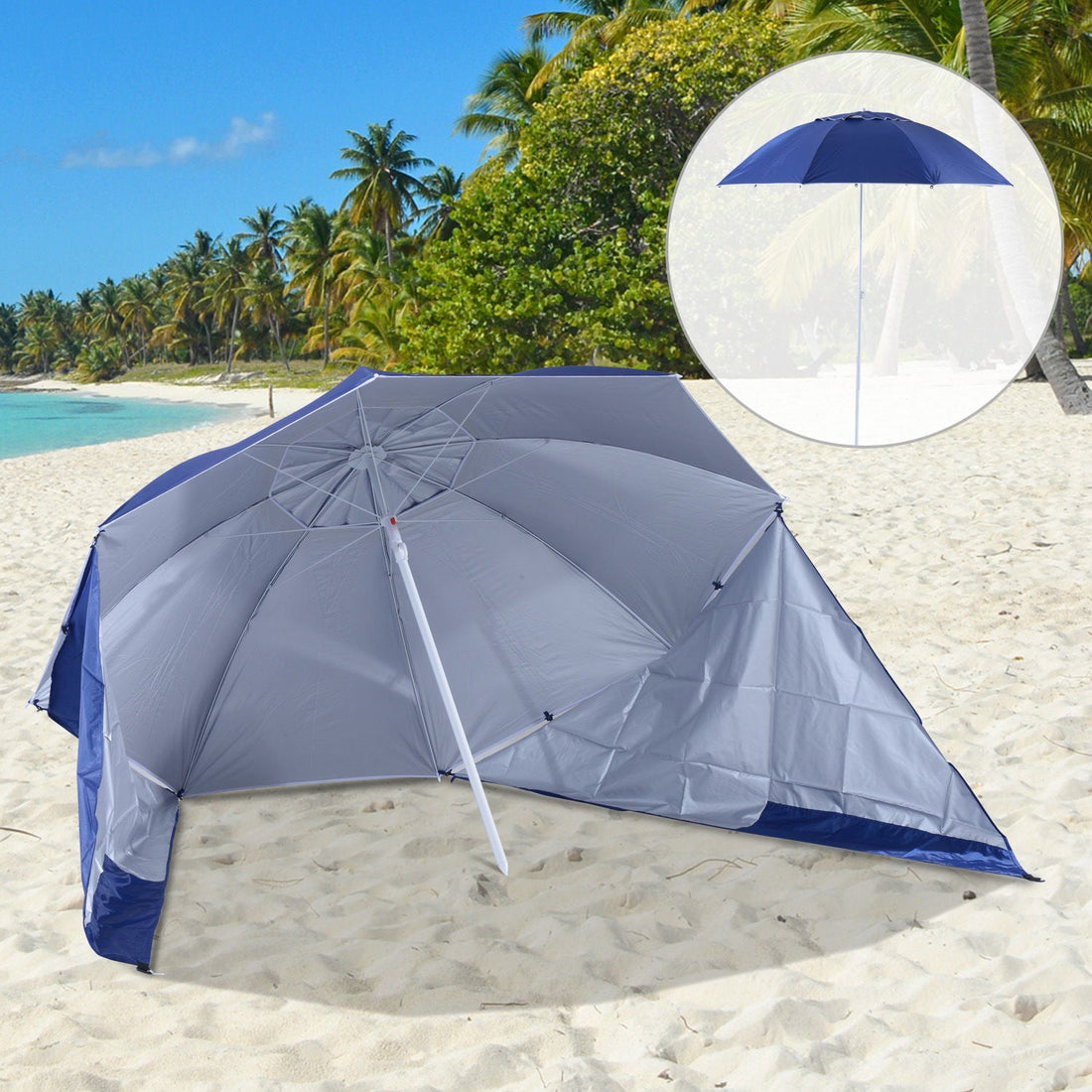 2m UV Protection Fishing Beach Umbrella Brolly Shelter w/ Side Panel Tent Blue