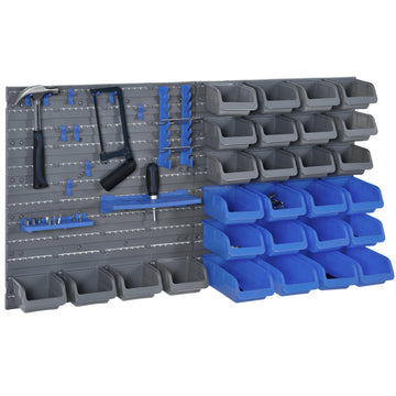 44 Piece Wall Mounted Tool Rack Organiser Storage Bins and Panel Set with Shelf Hook Screws Accessories Blue