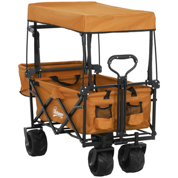 120L Festival Trolley on Wheels, Folding Camping Trolley Cart with Removable Canopy, All-Terrain Wheels, Adjustable Handle and Side Pockets for Garden Beach Fishing Shopping, Orange